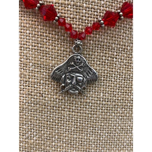 .925 Pirate Sterling Silver Charm with Black Red Austria Crystals Necklace #hand - Picture 2 of 6